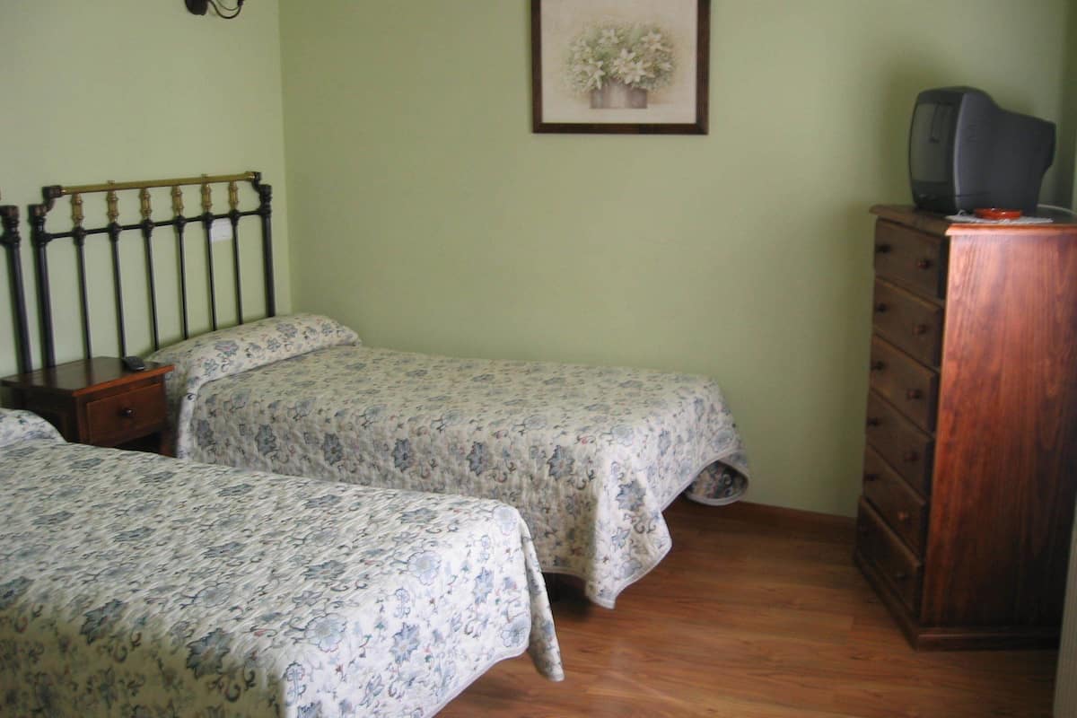 A bedroom with two beds, a dresser, a television, and a framed picture on the wall.