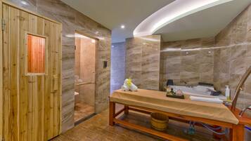 Sauna, hot tub, steam room, reflexology, massage/treatment rooms