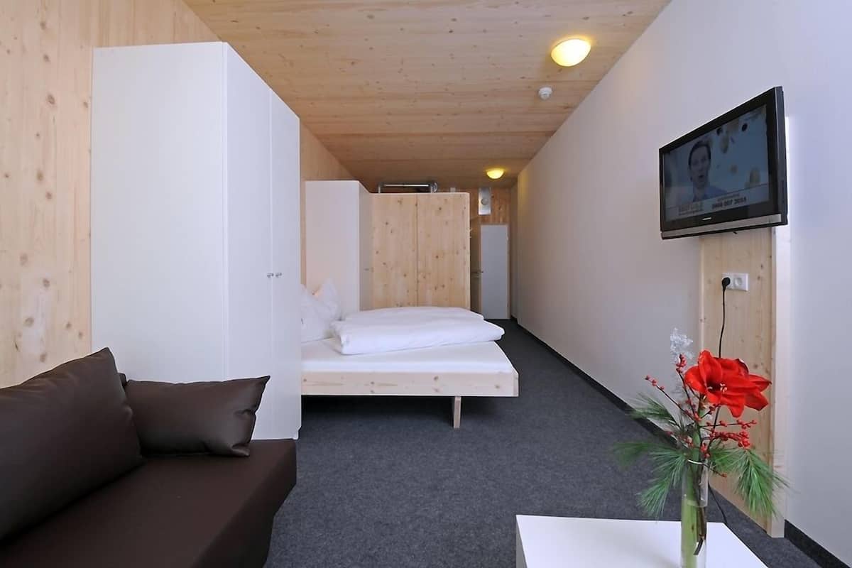 A compact room with a bed, a sofa, a TV, and a small table with a vase of flowers.