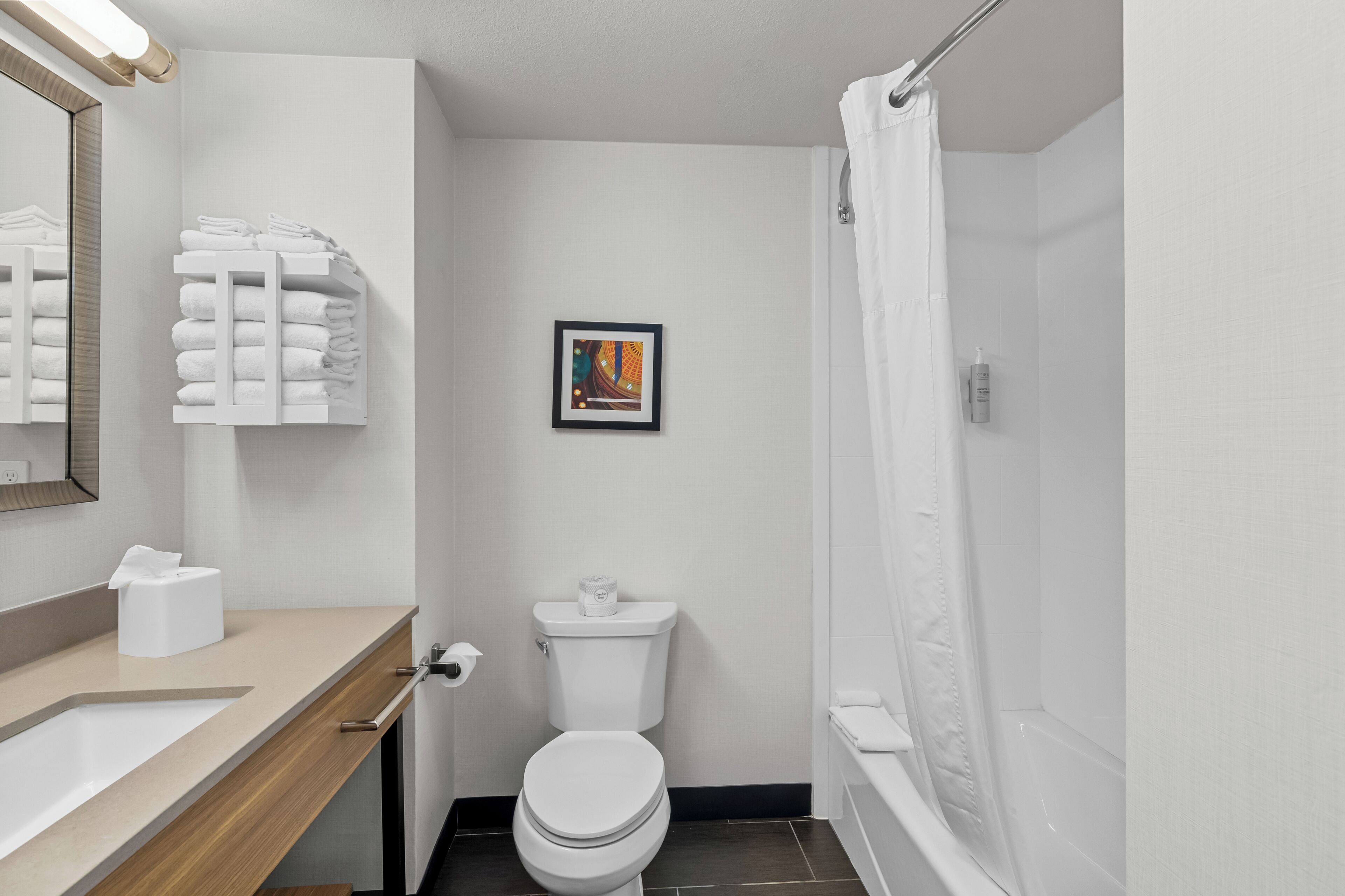 A bathroom with a toilet, sink, towel rack, shower, and a framed picture on the wall.