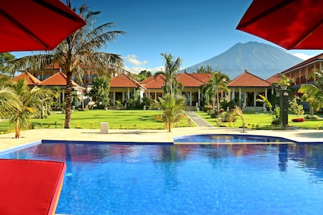 Outdoor pool, pool umbrellas, sun loungers