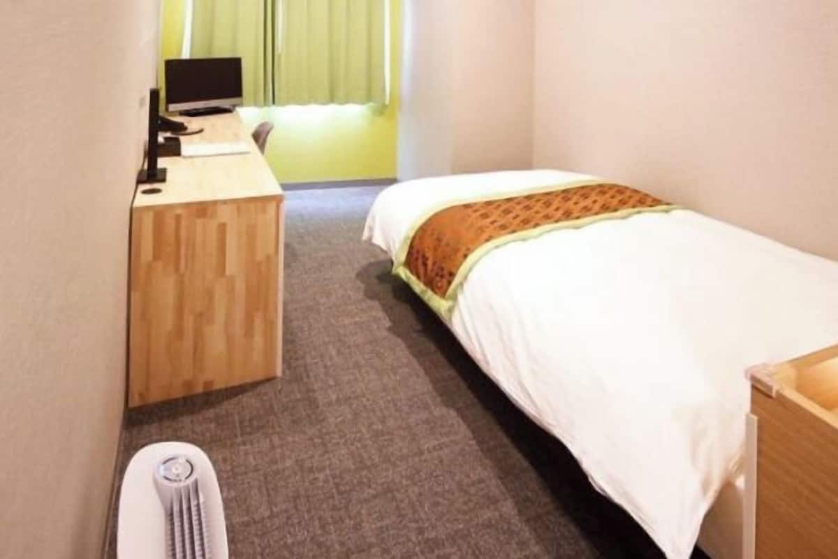 A small hotel room with a single bed, a desk with a computer, and a standing heater.