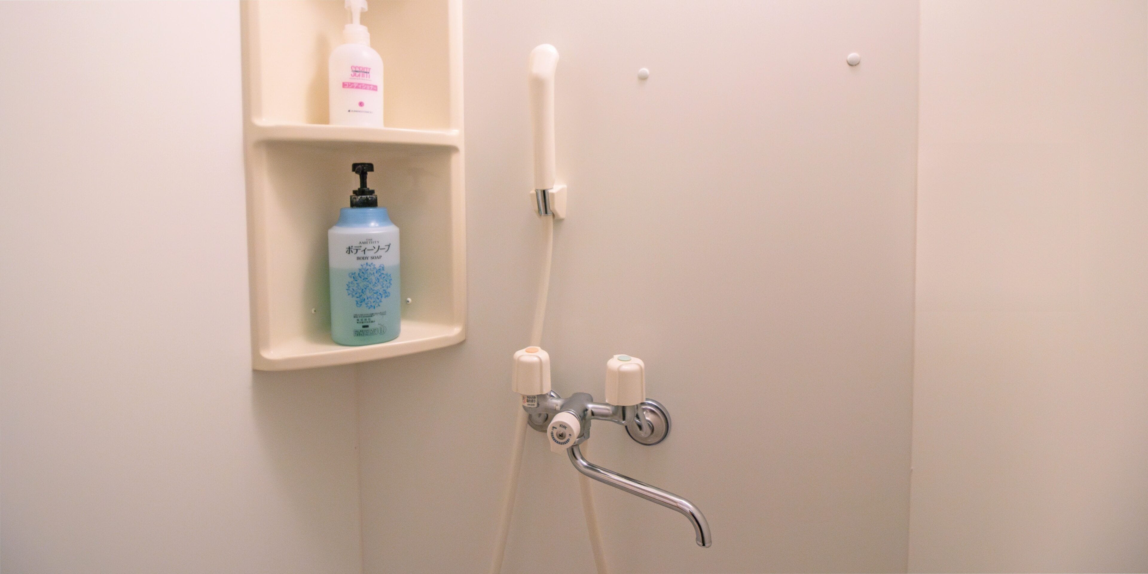 Ein Badezimmer mit Dusche, Seifenspender und einer Flasche Duschgel.