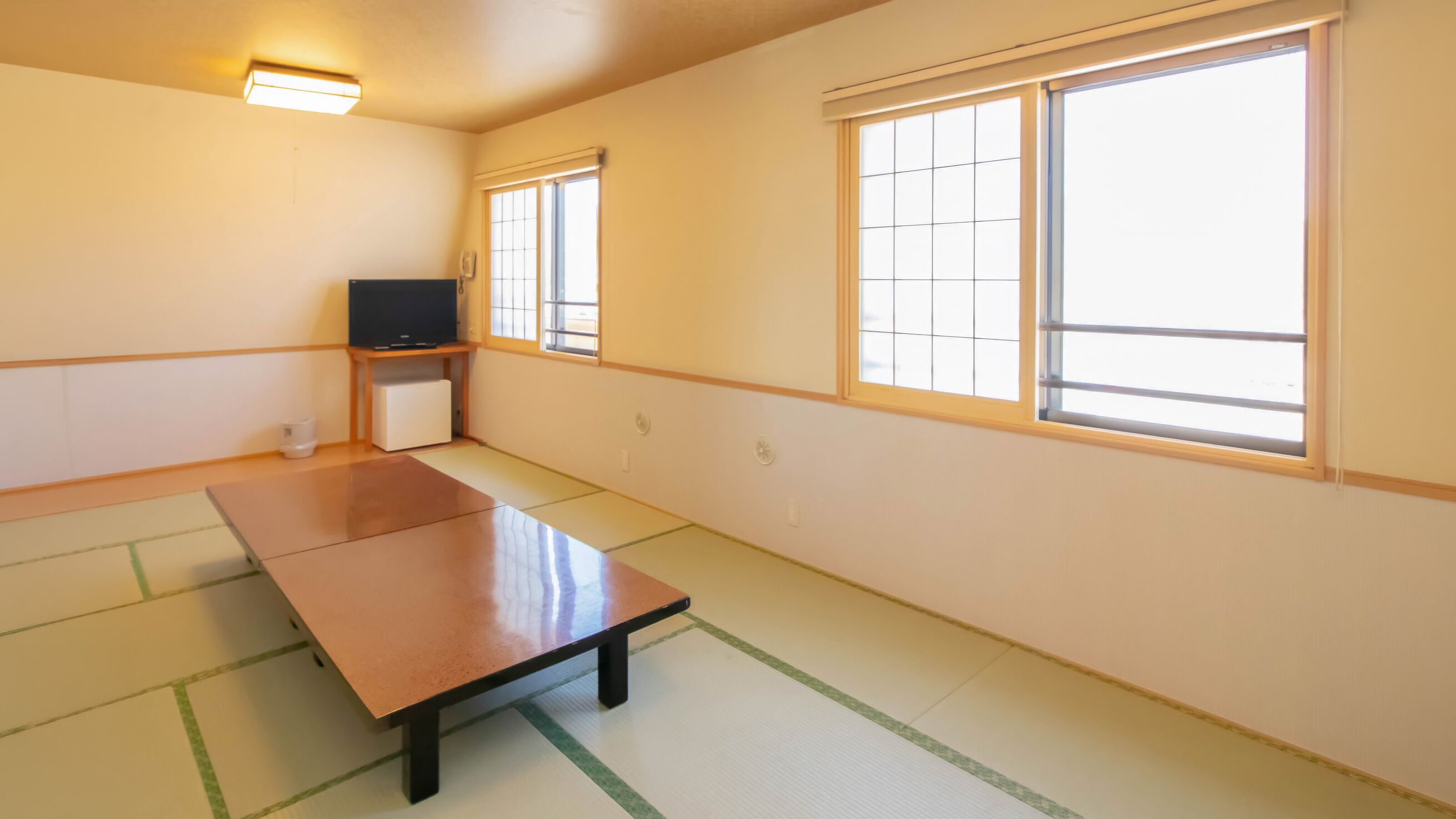 A room with tatami flooring, a low table, a television on a stand, and large windows.