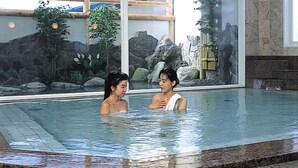 Una piscina interior con paredes de vidrio transparente, techo de madera y vistas a un paisaje rocoso.