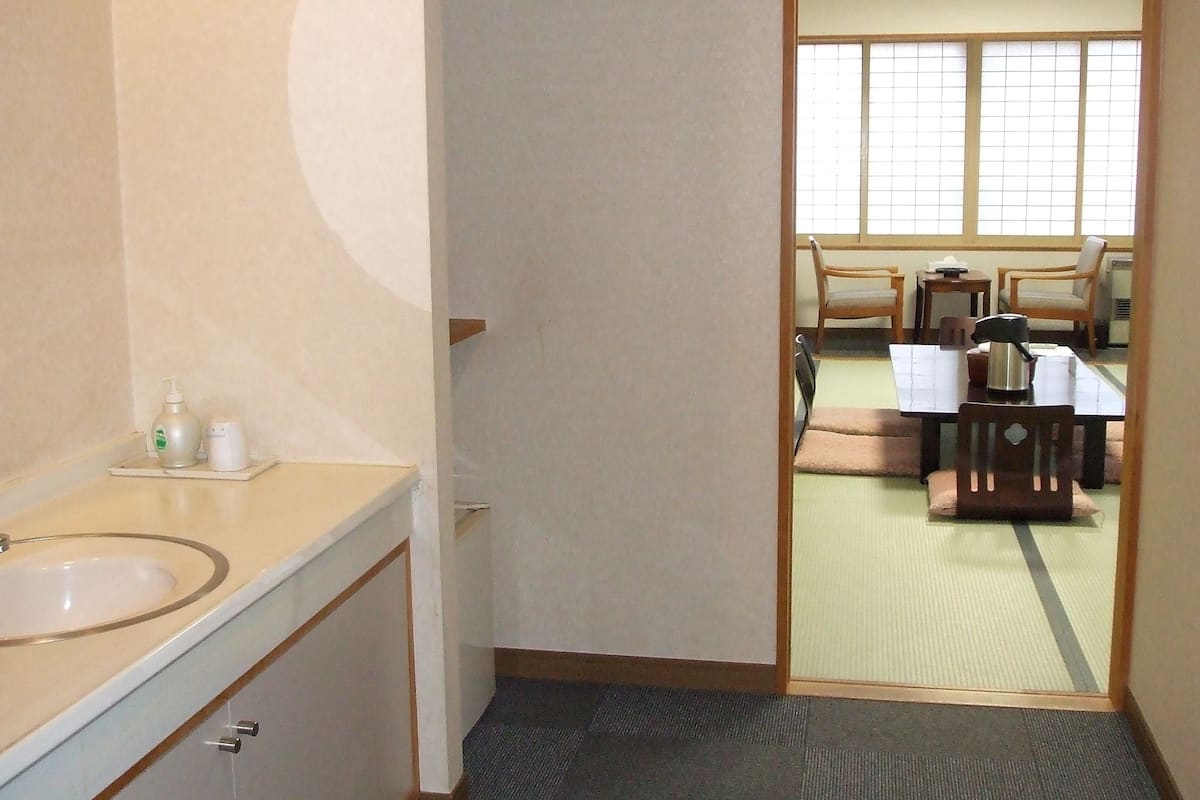 A bathroom with a sink, a mirror, and a bottle of hand soap.