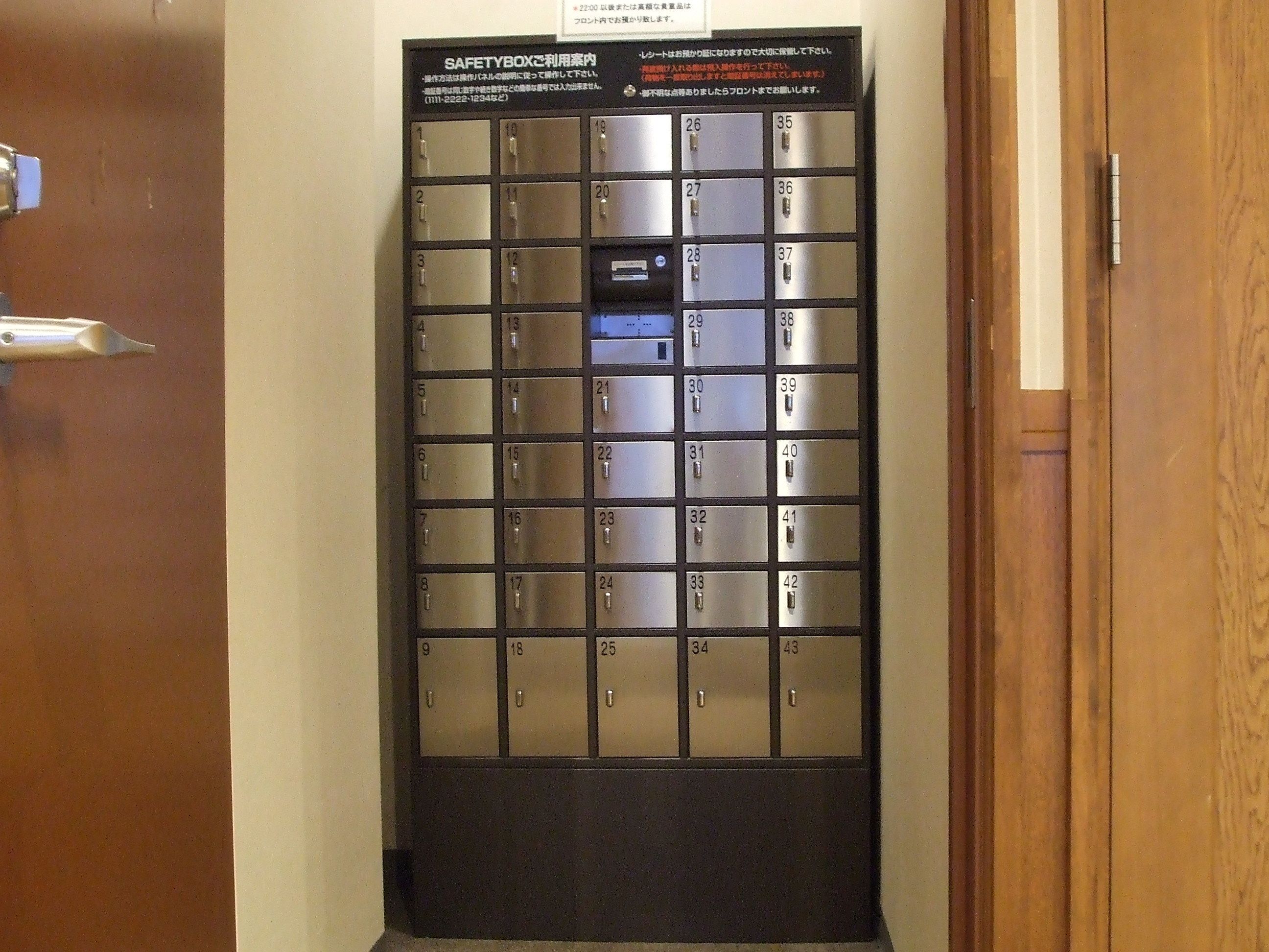 A metal safety box with numbered compartments, likely for storing personal items.