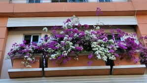 Un edificio de varios pisos con balcones decorados con flores moradas y blancas.