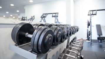 A row of dumbbells on a rack in a gym.
