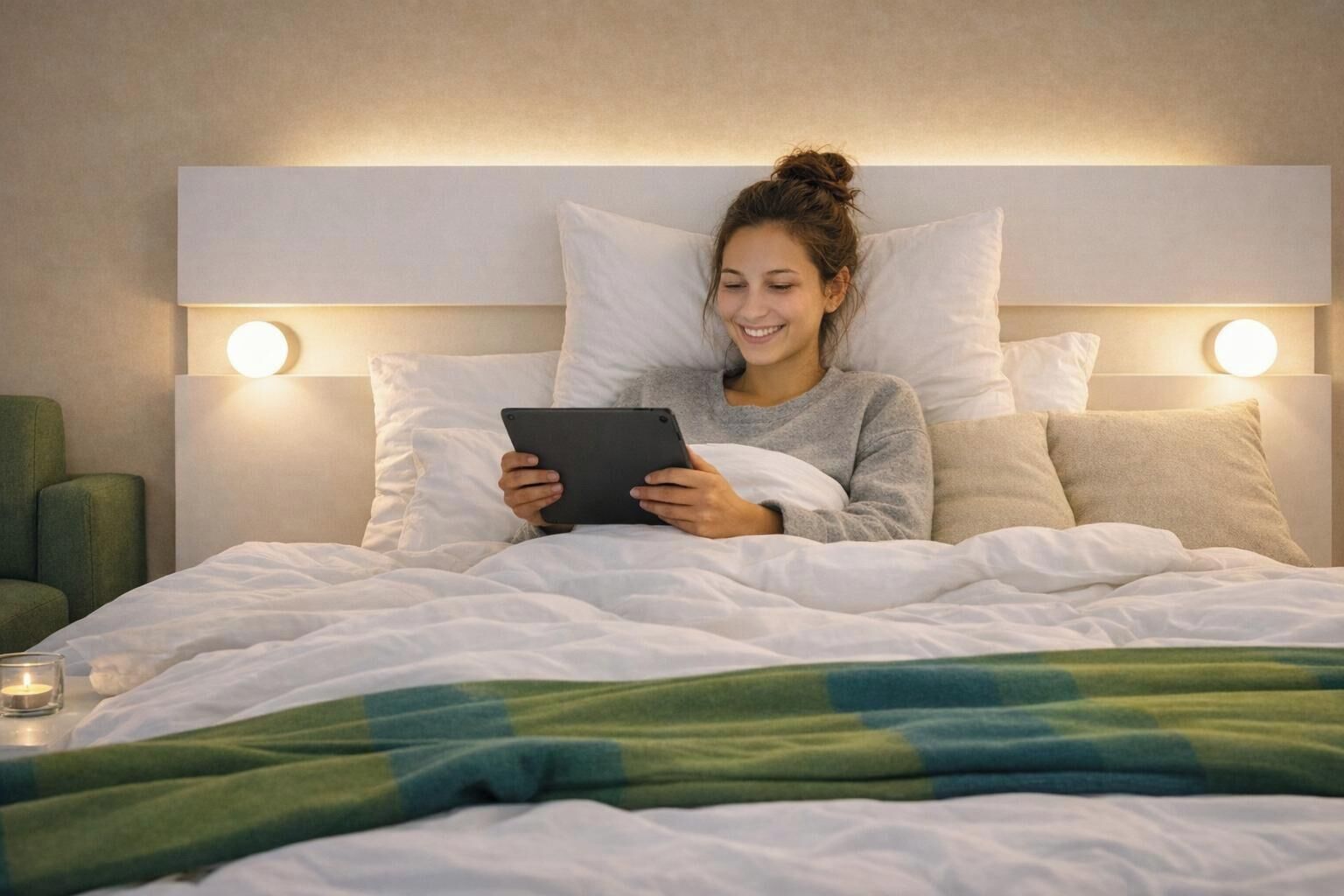 A person lying in bed with a tablet, a bedside lamp, and a green chair.