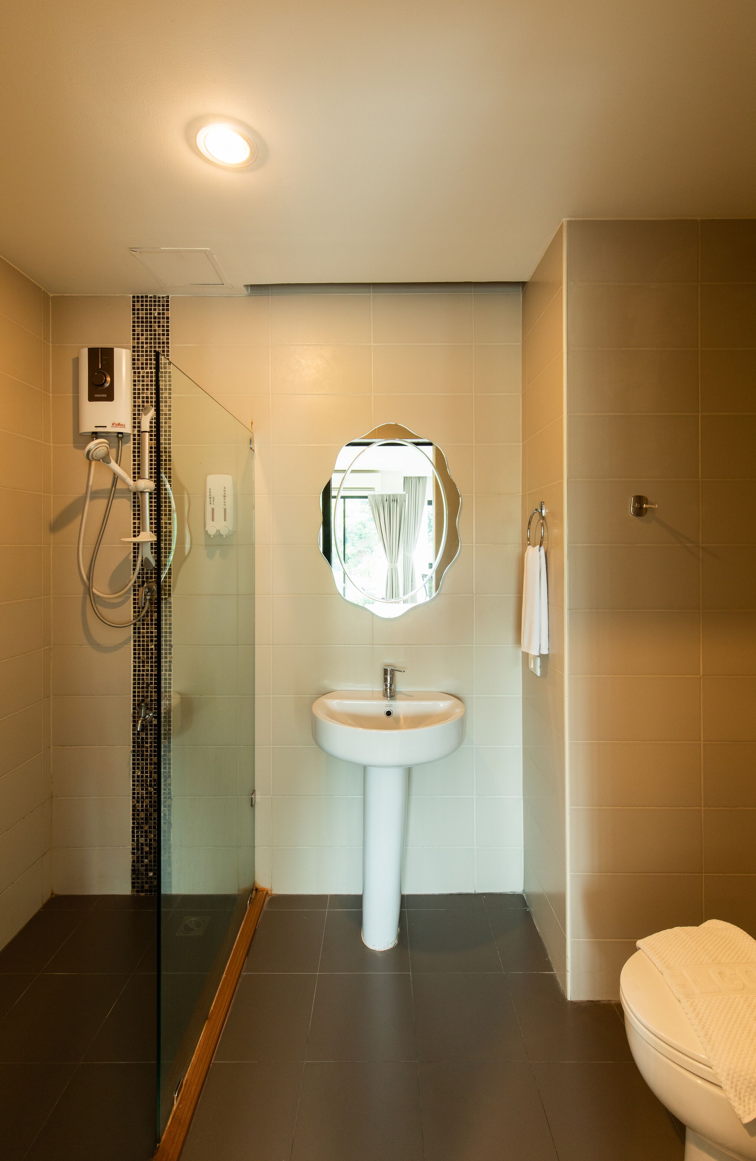 A modern bathroom with a glass shower enclosure, a white sink, and a toilet.
