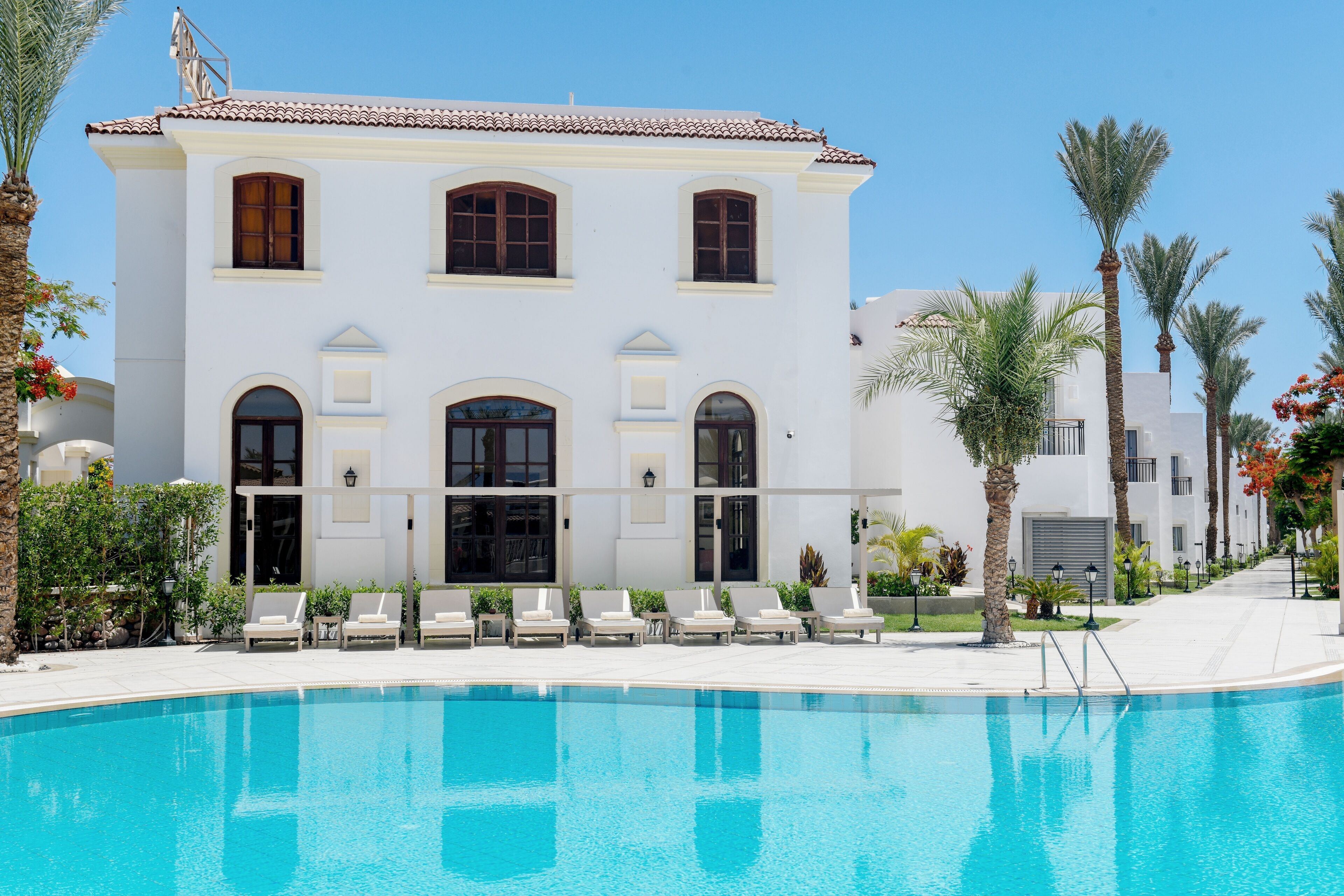A large white building with a swimming pool in front, surrounded by palm trees and lounge chairs.