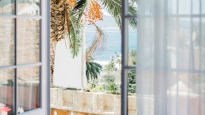 Vista a través de una ventana con una palmera tropical y una barandilla de piedra.