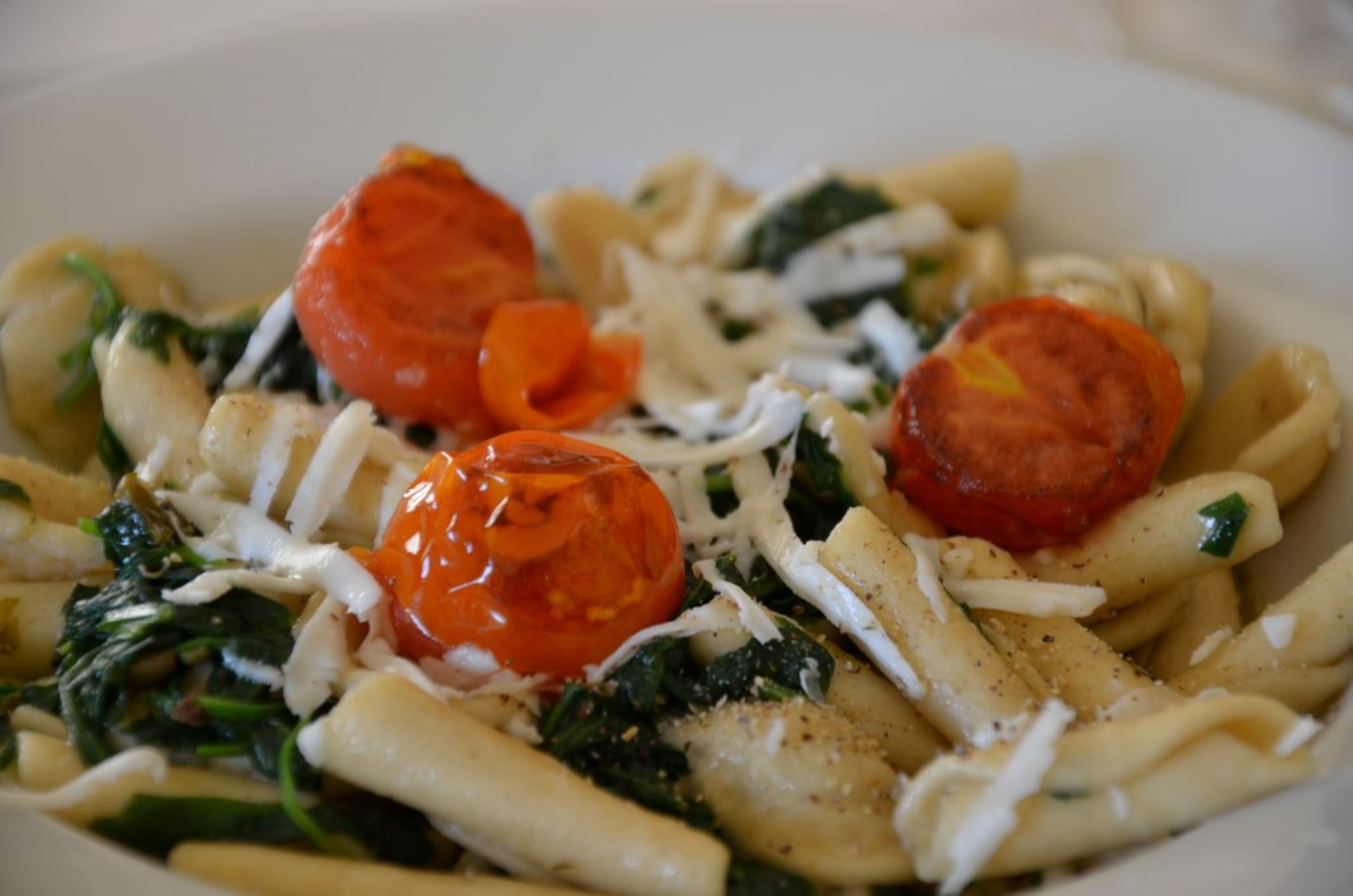 A plate of pasta with tomatoes and cheese.