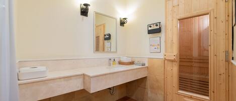 A bathroom with a wooden sauna door, a sink with a towel dispenser, and a mirror.
