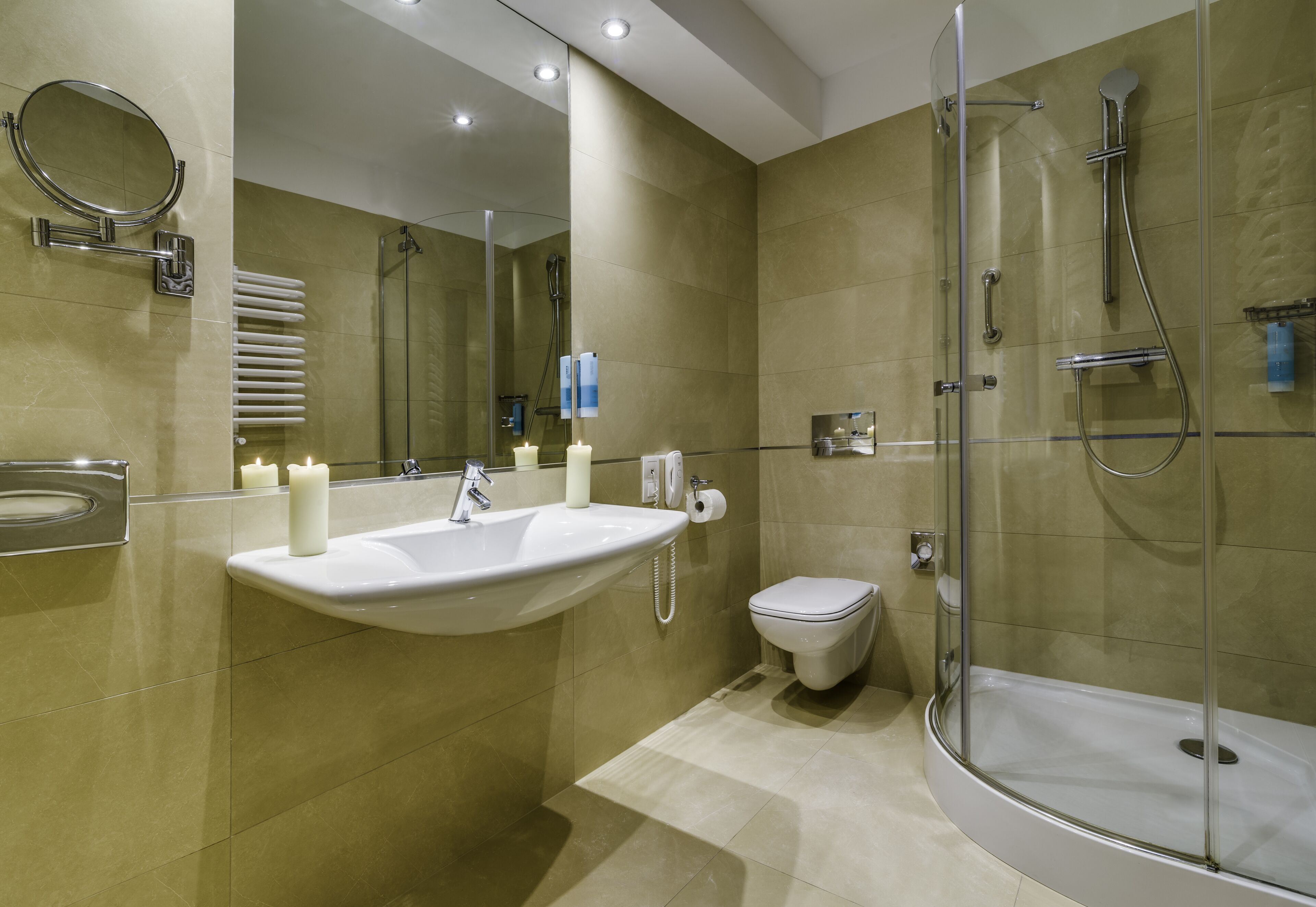 shower, designer toiletries, hair dryer, bathrobes