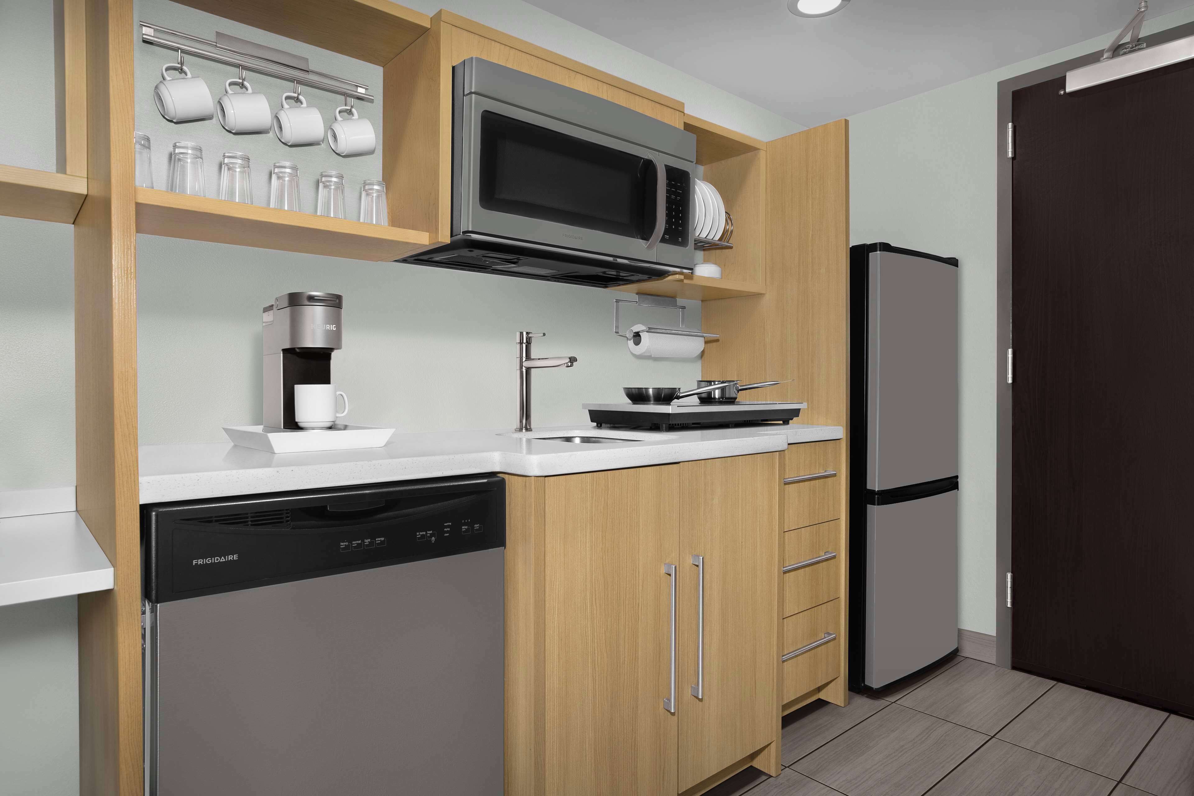 fridge, microwave, dishwasher, coffee/tea maker