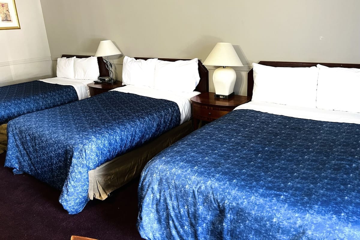 A hotel room with two single beds, each with a blue bedspread and white pillows. There are two bedside tables with lamps, and a framed picture on the wall.