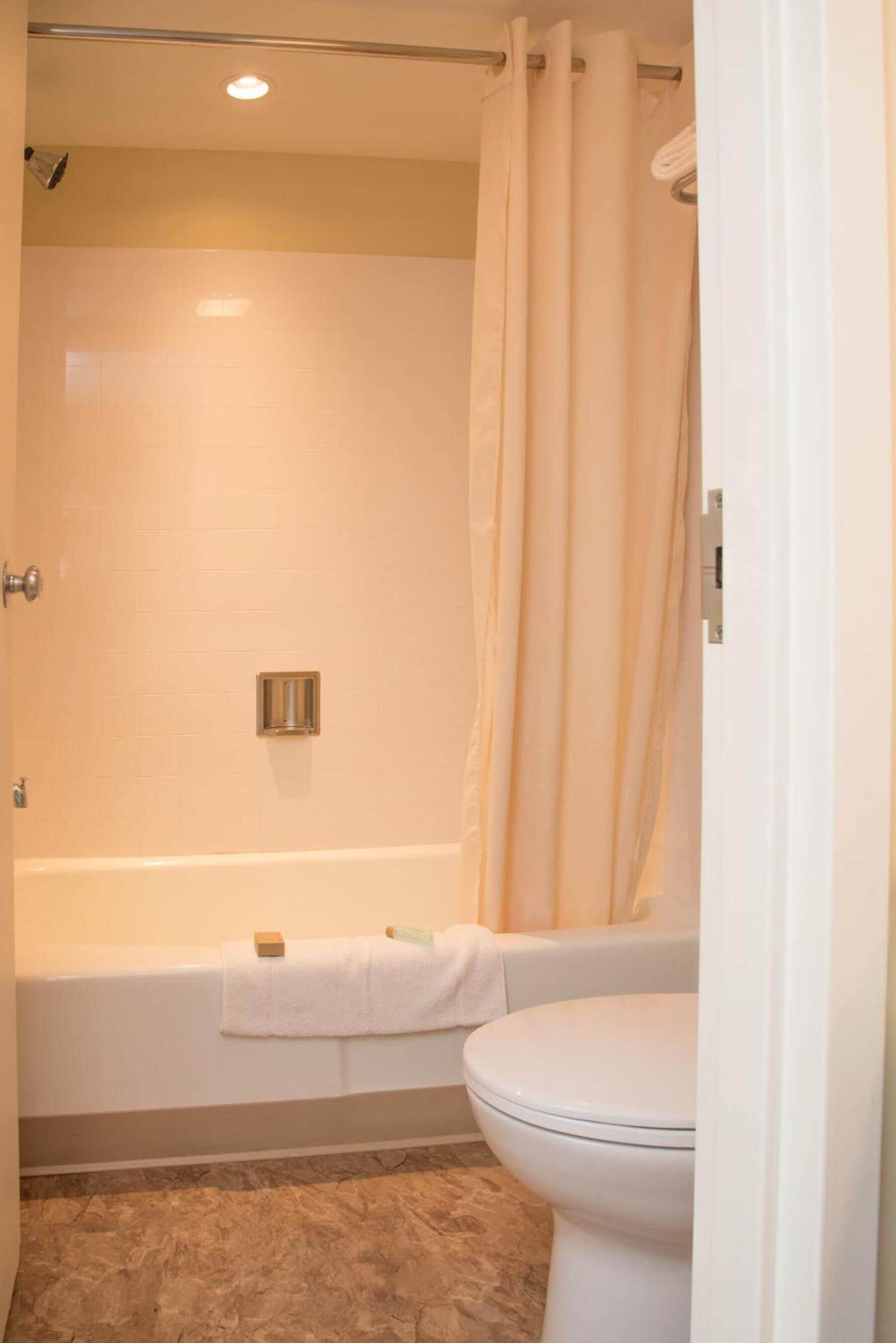 Un baño con bañera, inodoro y cortina de ducha.