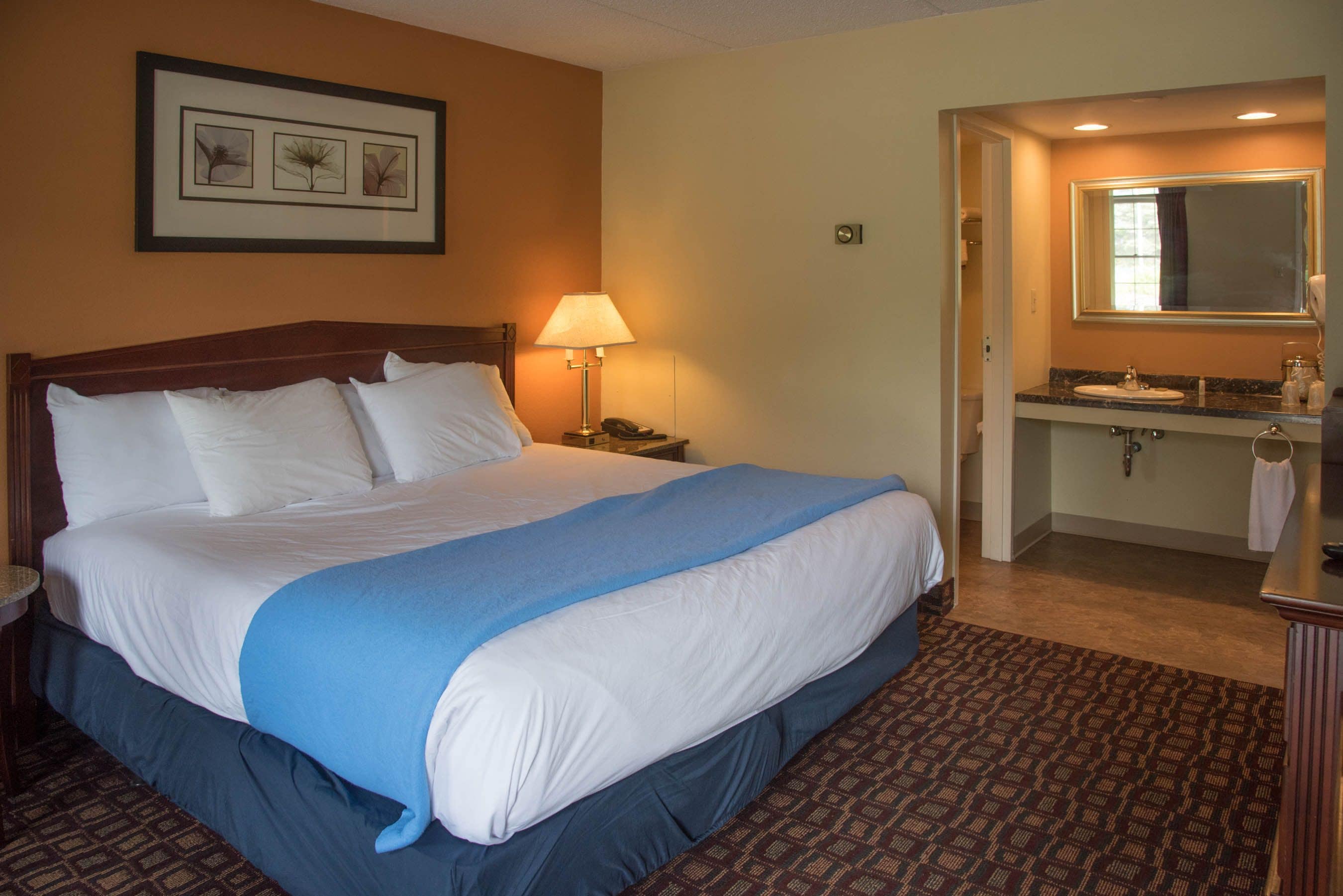 Una habitación de hotel con una cama grande, una mesita de noche con lámpara, un baño con lavamanos y espejo, y un cuadro en la pared.