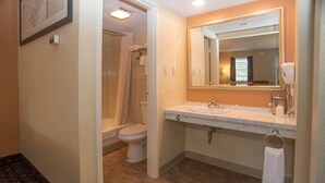 A bathroom with a shower, toilet, sink, and a large mirror.