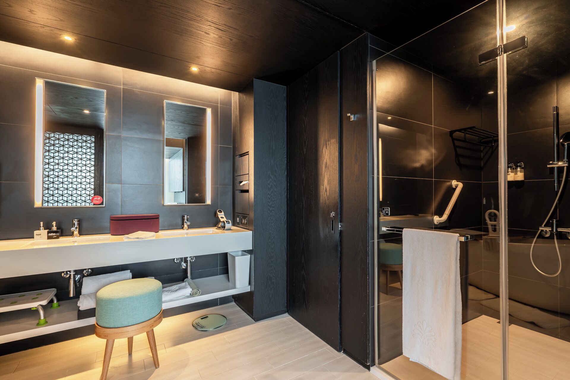 superior studio suite | bathroom | shower, hair dryer, electronic bidet, towels