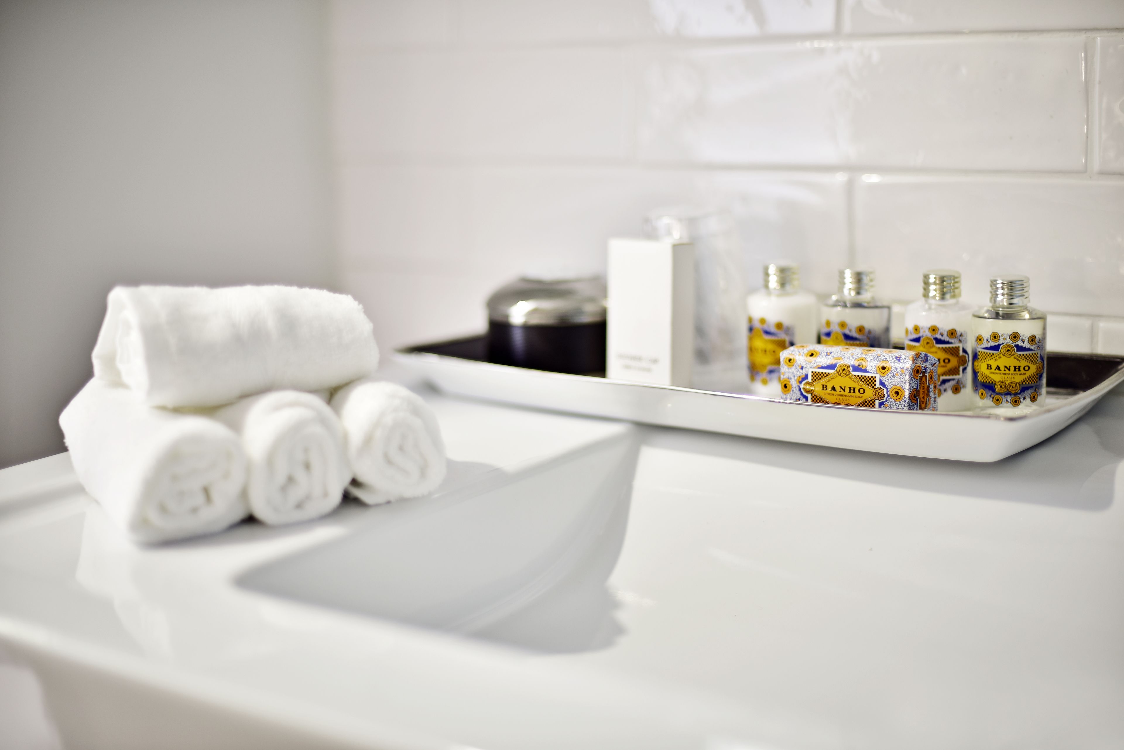 rainfall showerhead, designer toiletries, hair dryer, bathrobes