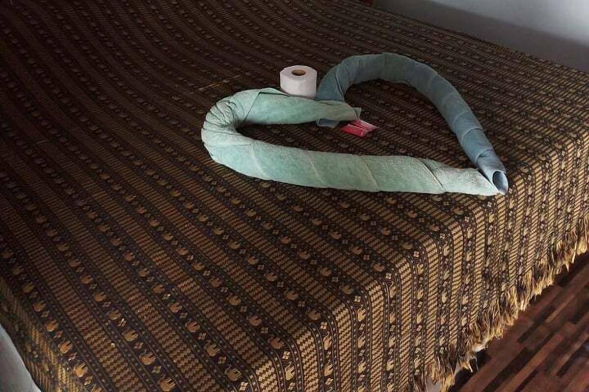Ein Einzelbett mit gemustertem Bettbezug, ein Nachttisch aus Holz mit Spiegel sowie eine Toilettenpapierrolle auf dem Boden.