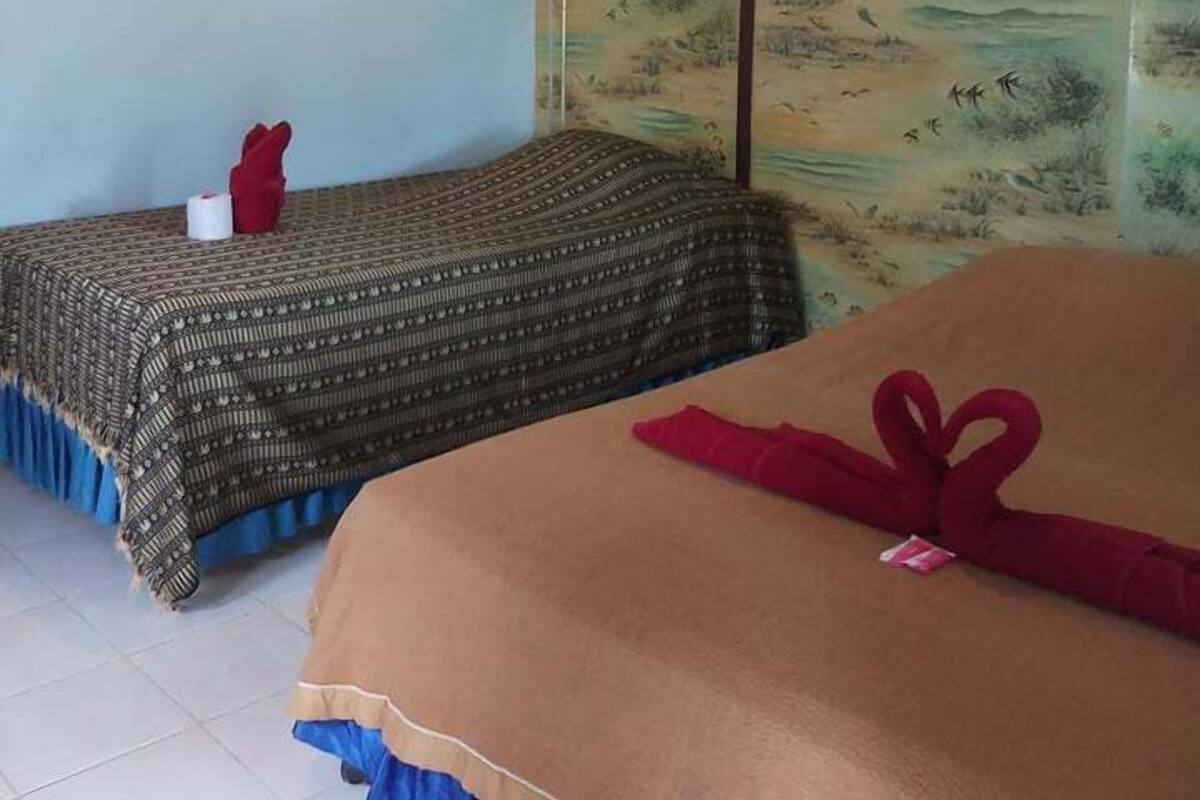 Ein Hotelzimmer mit zwei Betten, einem Deckenventilator, einer Klimaanlage und einer Wand mit einem Wandgemälde zum Thema Natur.