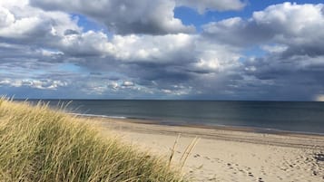 A beach with sand, grass, and a cloudy sky.