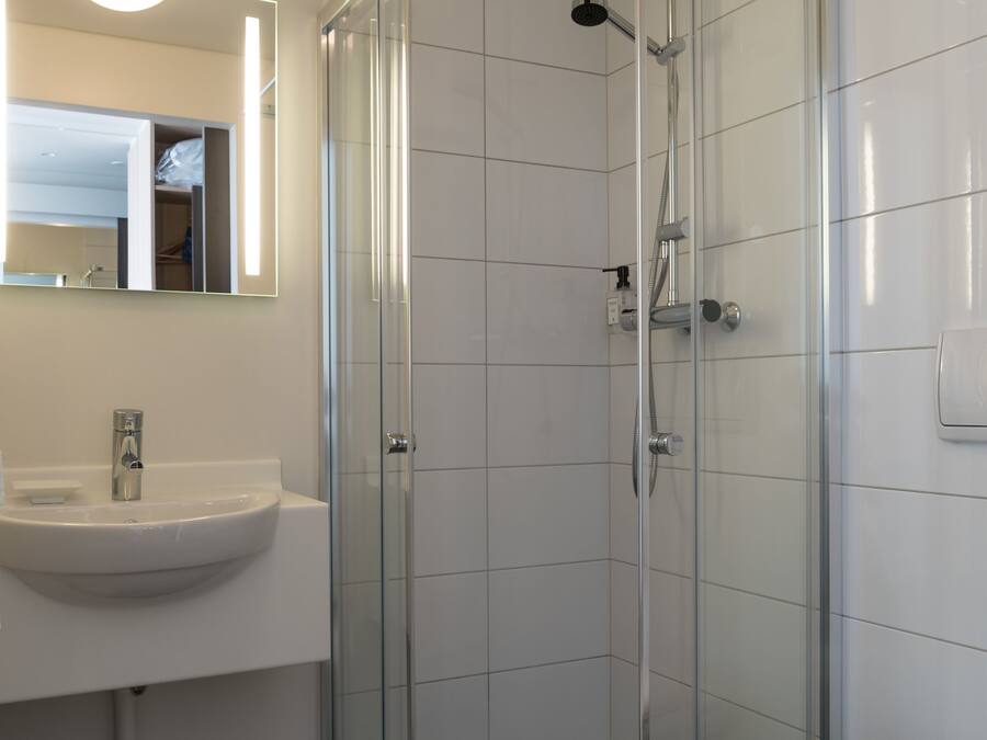 A modern bathroom with a glass-enclosed shower, a sink, and a toilet.