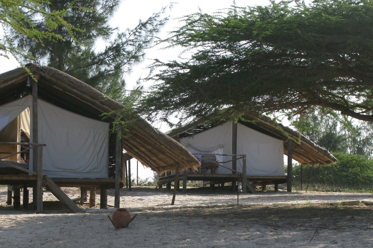 Two thatched-roof cabins with white curtains, wooden decks, and a sandy ground.