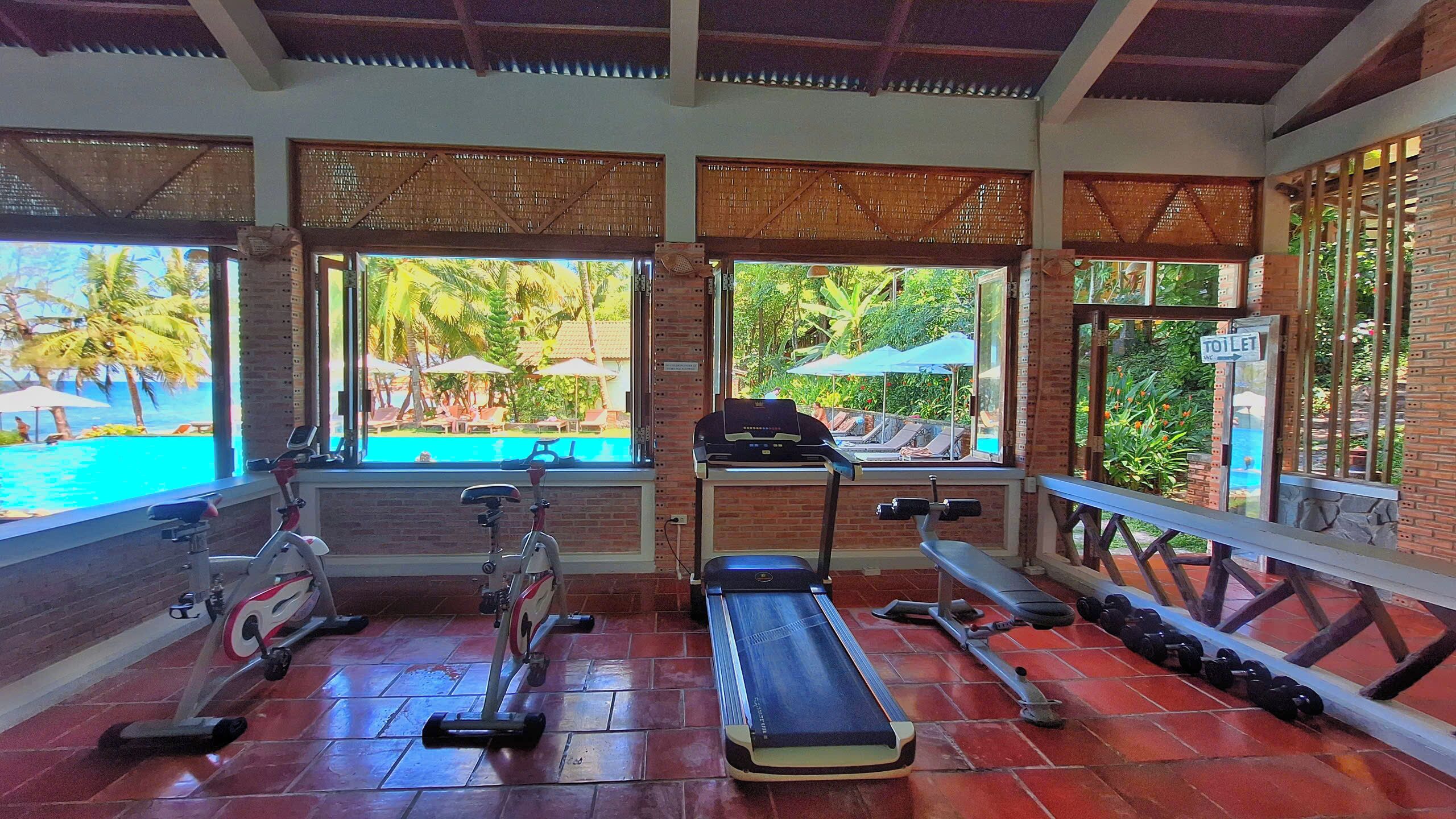 Ein Fitnessraum mit Trainingsgeräten, Laufband und Blick auf Pool und Palmen.