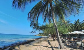 Una playa con palmeras, un camino de madera y sillas de playa bajo sombrillas.