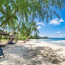 Private beach, white sand, free beach cabanas, sun loungers