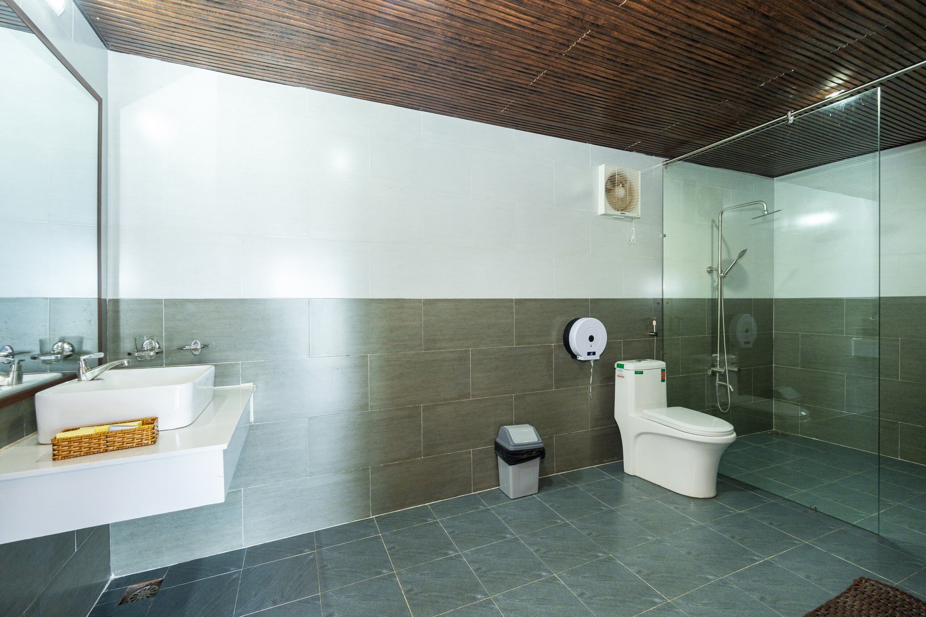 A modern bathroom with a white sink, a toilet, and a glass-enclosed shower.