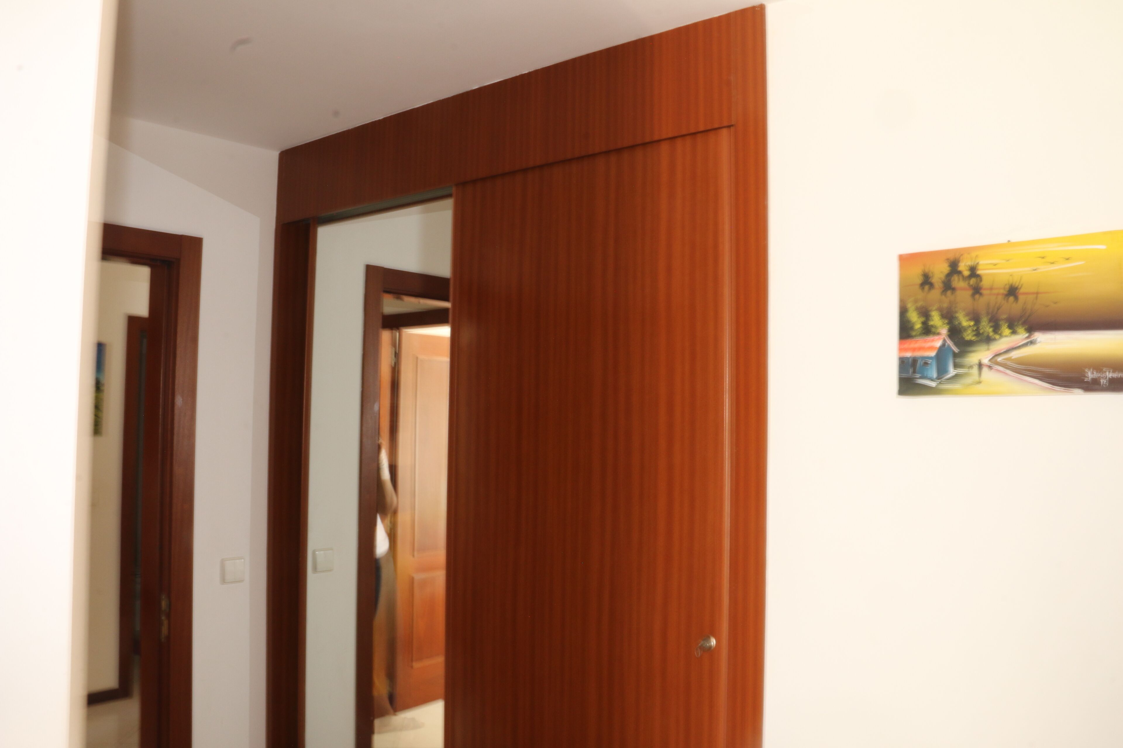 Una habitación con una puerta de madera, un cuadro de un paisaje y una pared blanca.