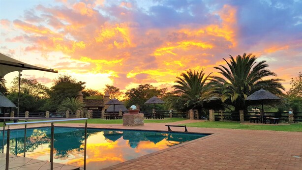 A swimming pool with a brick patio, reception area, and palm trees. - Aquanzi Lodge (Chartwell)