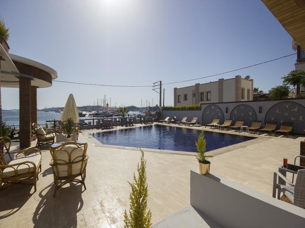 A pool area with lounge chairs and a view of the sea.
