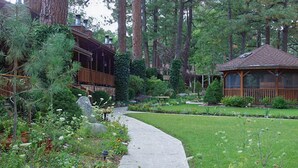 A wooden cabin with a covered porch, surrounded by a well-maintained garden and tall trees. - Shadow Mountain Lodge and Cabins (Ruidoso)