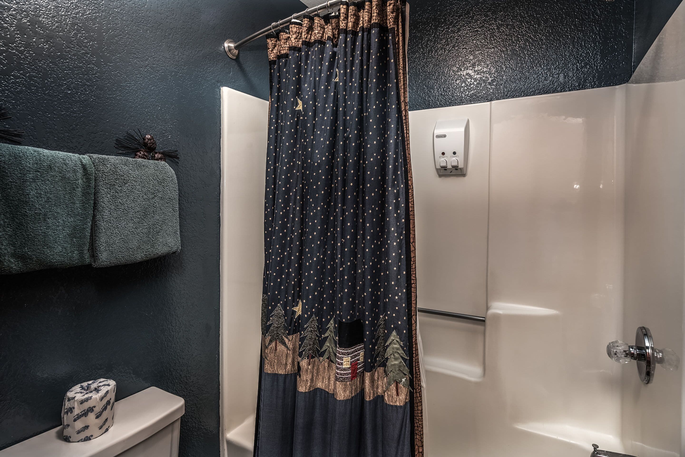 Une salle de bain avec un mur de couleur sombre, un rideau de douche orné de motifs en forme d’étoiles, un porte-serviettes avec une serviette, et des toilettes avec un support à papier toilette.