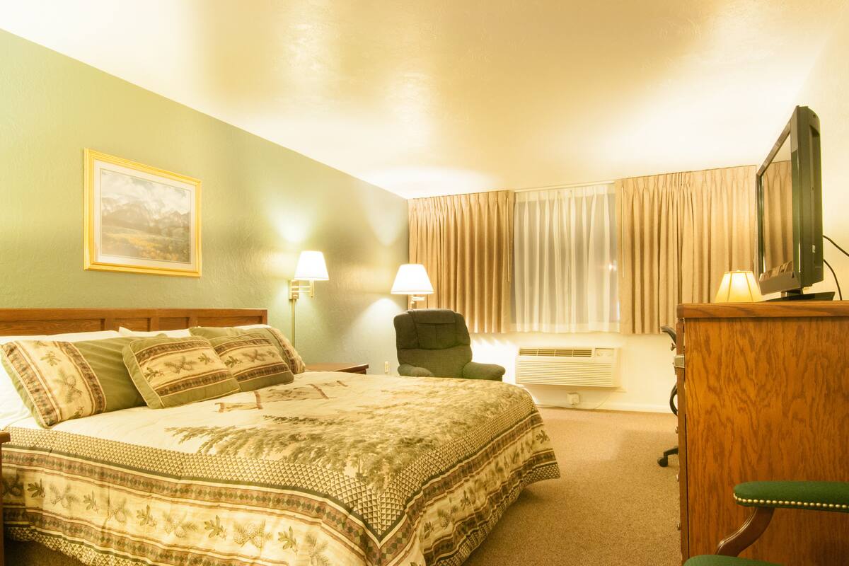 A hotel room with a bed, a desk with a television, a chair, two lamps, and a window with curtains.