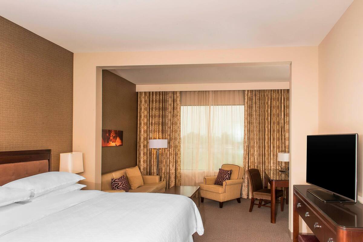 A hotel room with a large bed, a sofa, a TV, and a desk.