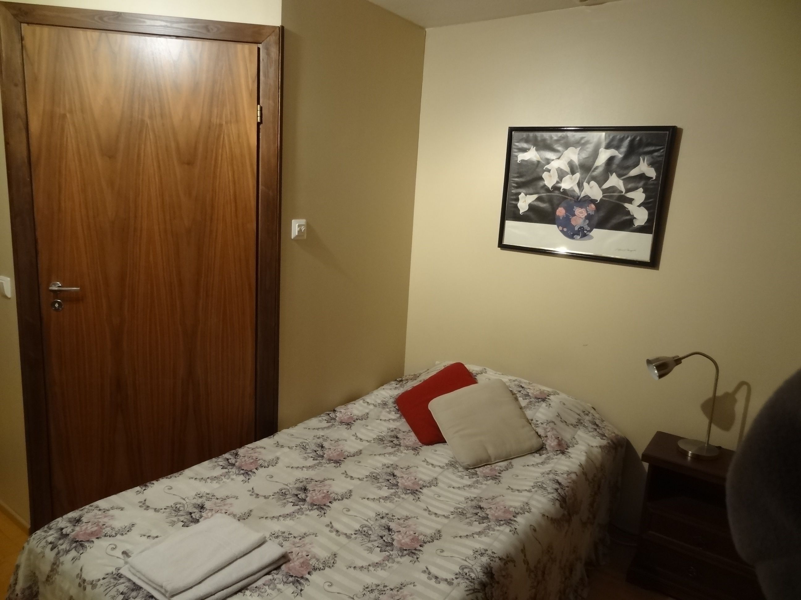 A bedroom with a wooden door, a bed with floral bedding, a red pillow, a framed picture on the wall, and a bedside lamp.