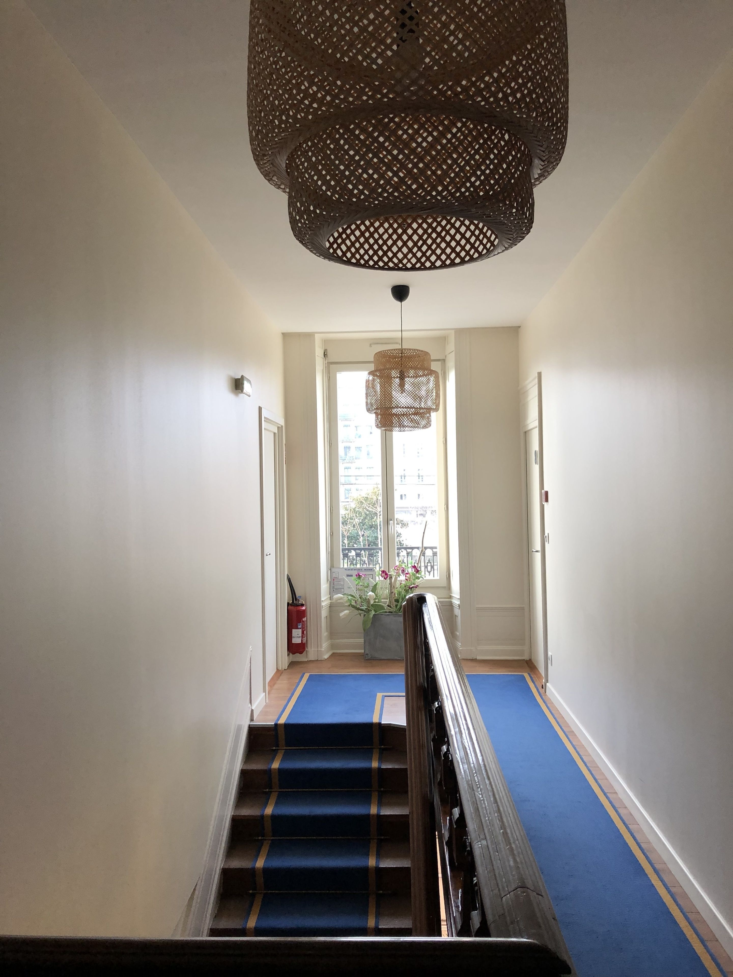 Un escalier recouvert d’une moquette bleue mène à un palier doté d’une grande fenêtre.