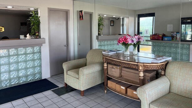 A hotel reception area with a reception desk, two armchairs, a mirror, and a vase with flowers. - American Inn (Columbia)