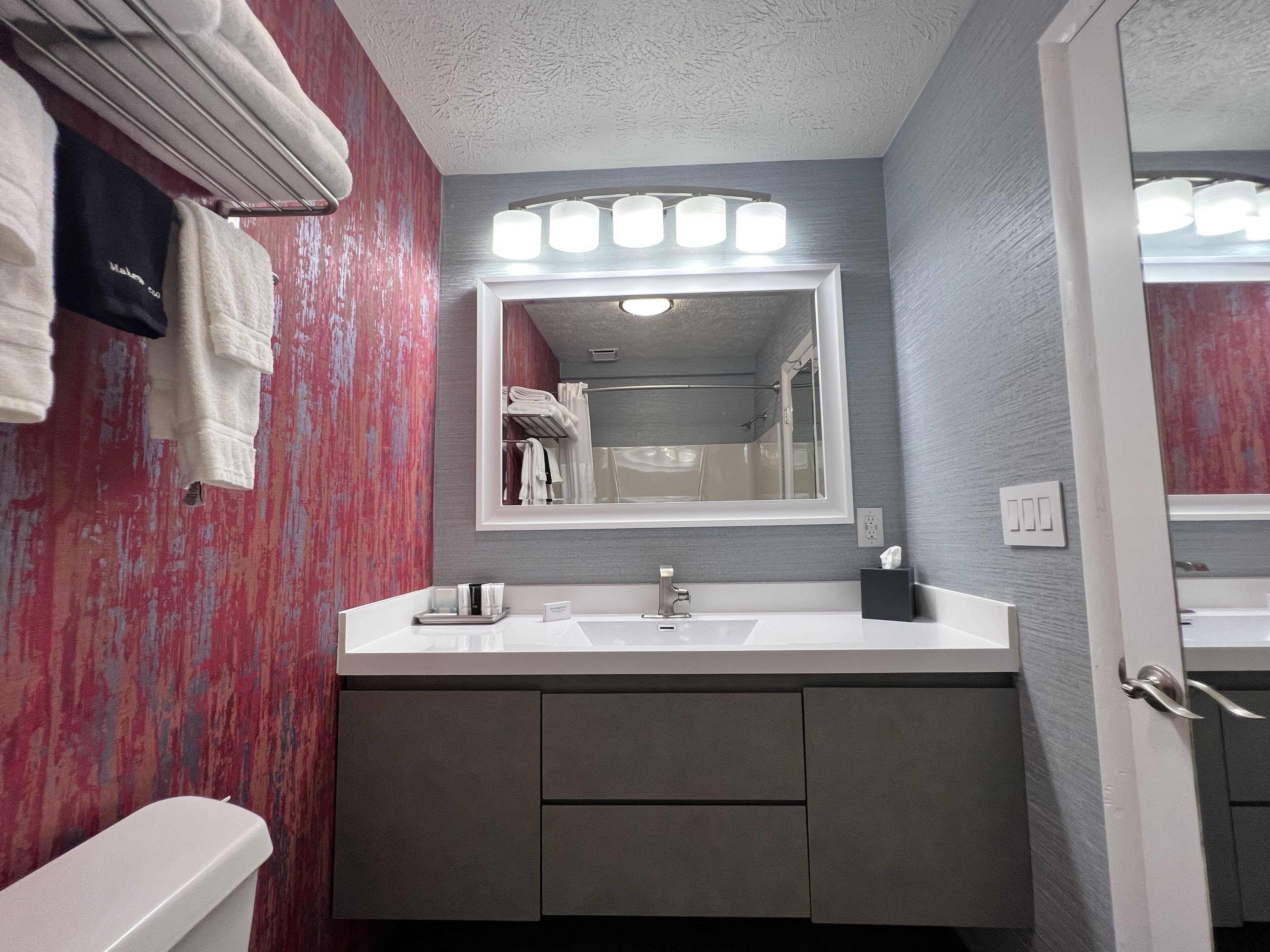 Une salle de bain avec un lavabo blanc, un miroir et un porte-serviettes.