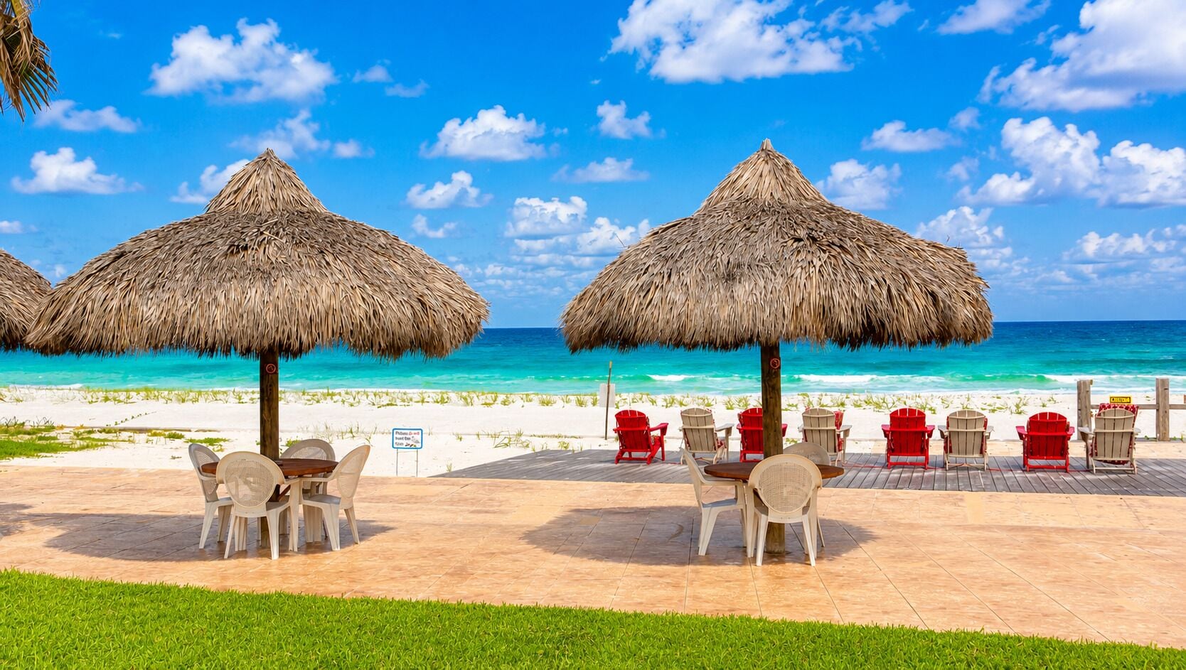 Une terrasse au bord de la plage, agrémentée de parasols en chaume, de sièges extérieurs et offrant une vue sur l’océan.
