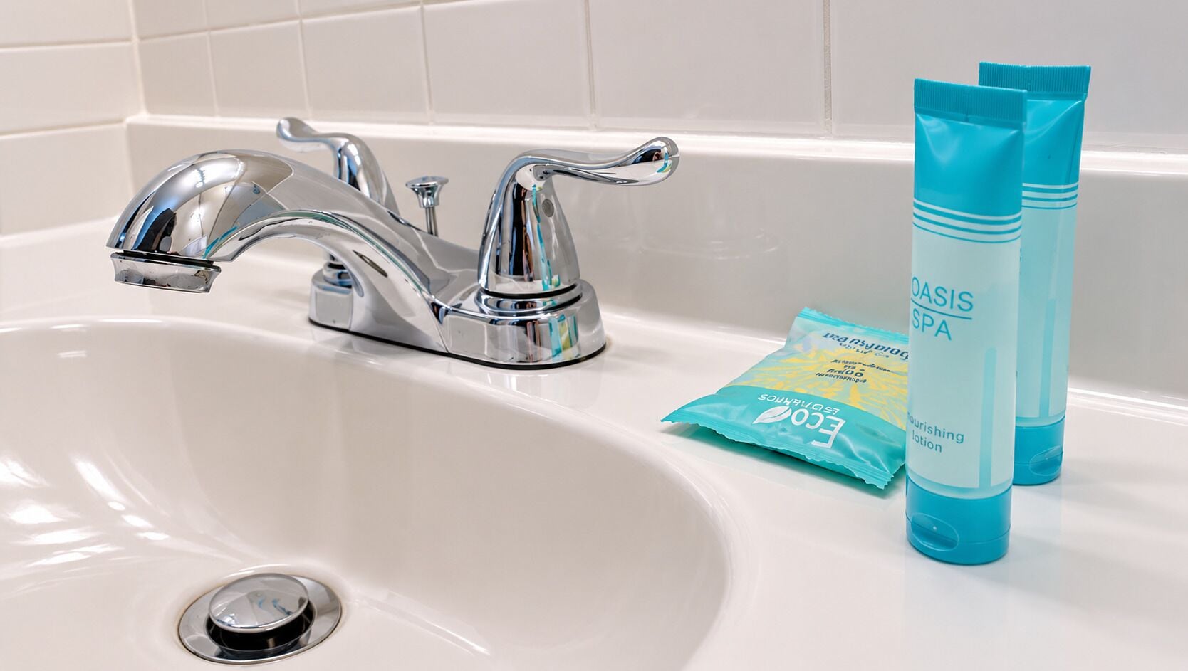 A bathroom sink with a chrome faucet and two blue tubes labeled 'OASIS SPA' and 'ECO BALMS' on the counter.