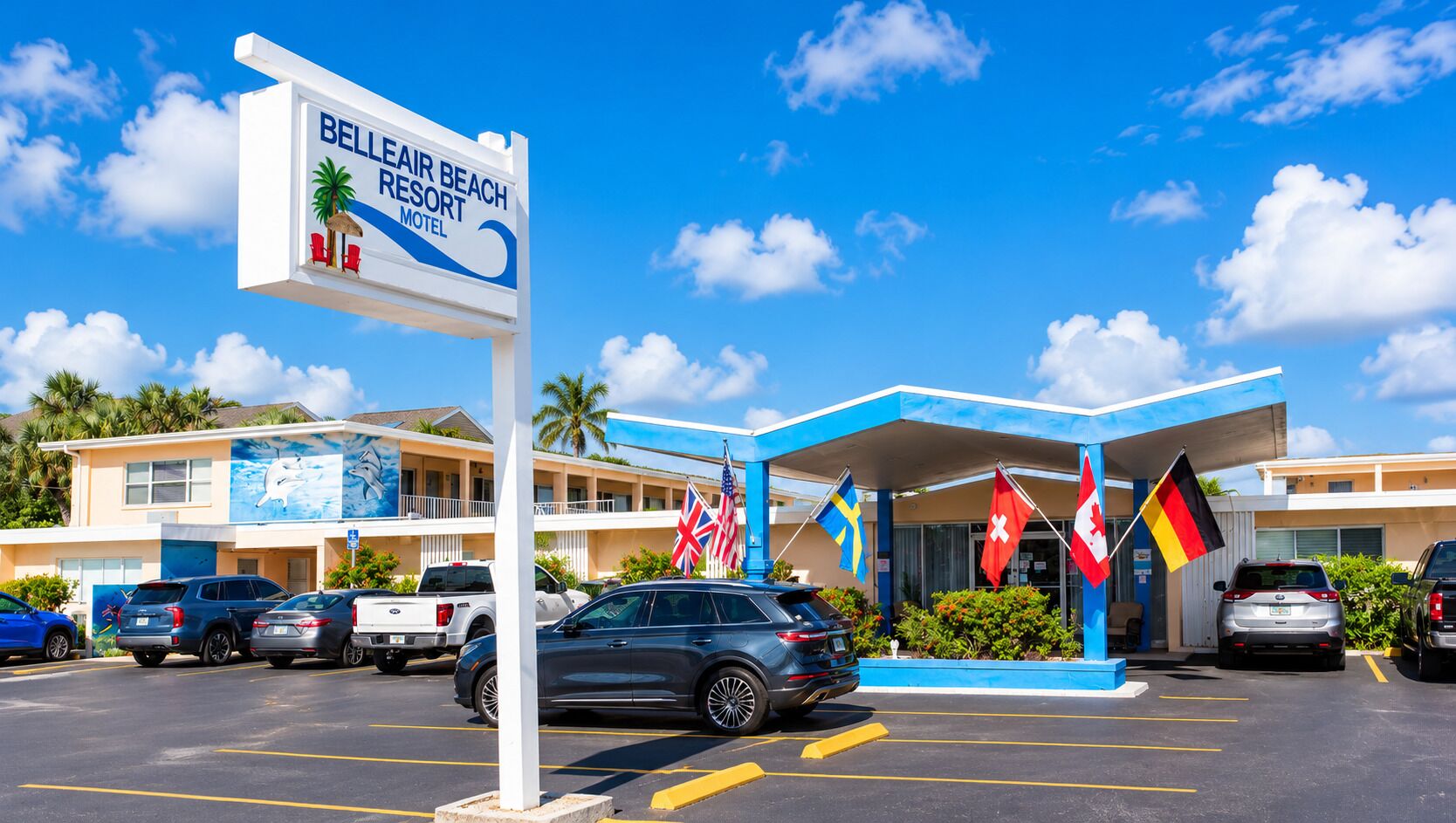 A motel with a signboard, multiple flags, and parked cars.